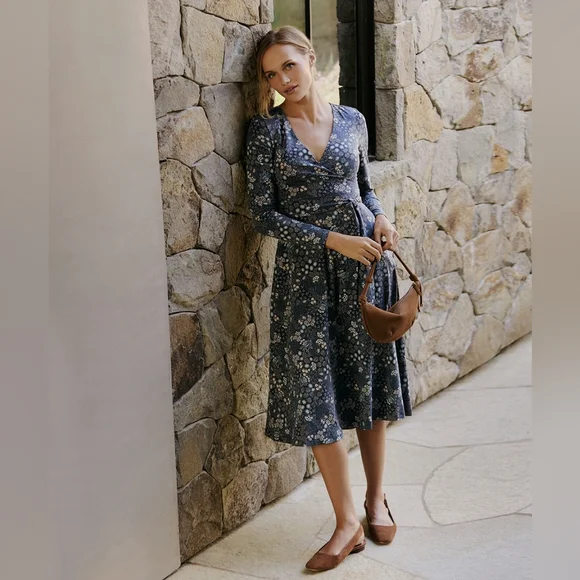 NWOT Pact Organic Fit & Flare Wrap Dress in Mountain Meadow Midnight Blue size M - Picture 2 of 5